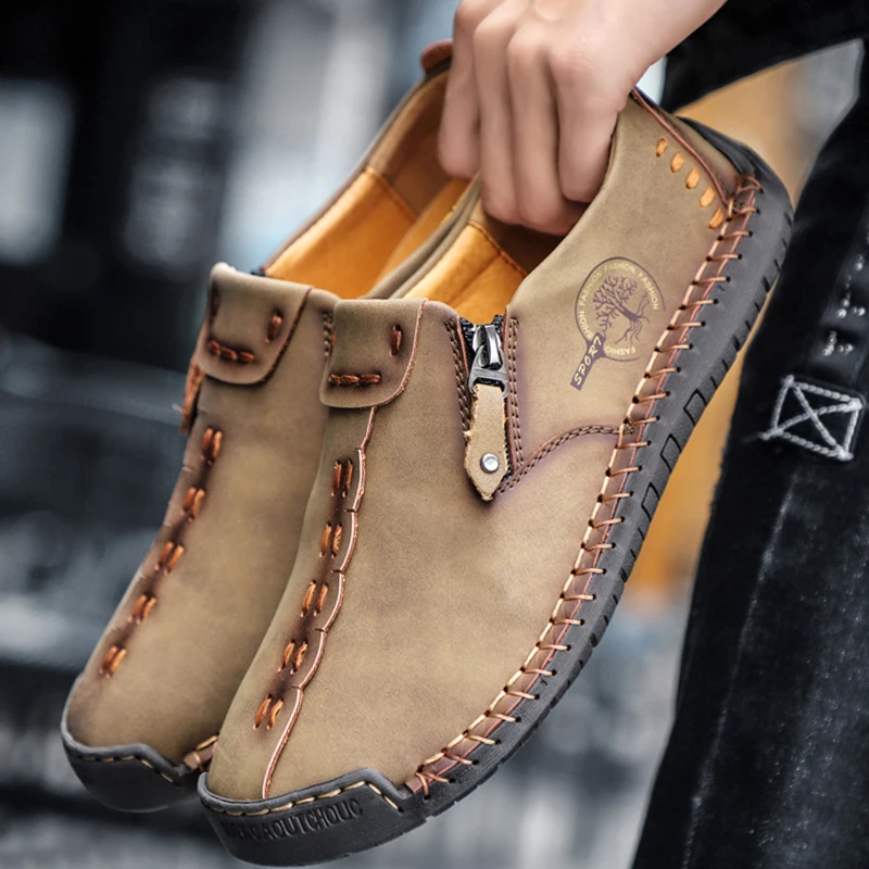 

Classic Men's Shoes Leather Men Loafers Flat Spring Autumn Mans Moccasins Shoes Breathable Brogue Shoes Zip Men's Flats Shoes