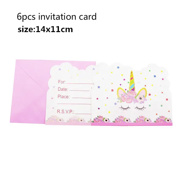 Invitation card Вечерние одноразовые украшения в виде единорога, набор столовых приборов, ободок для волос в виде русалки, обертка для торта, для детского дня рождения, свадьбы - Цвет: Invitation card