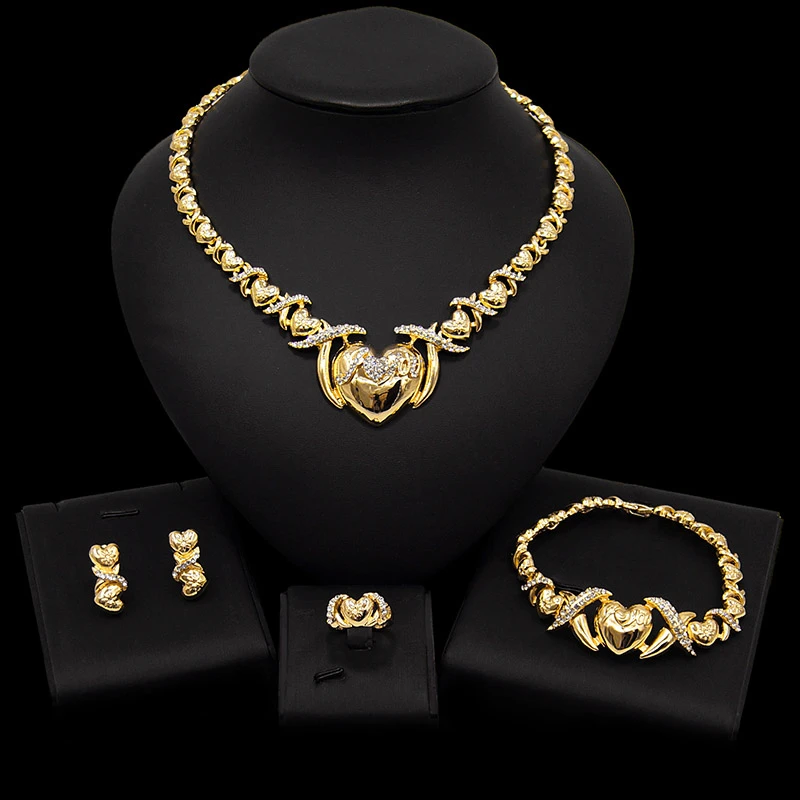 

Hotsale Wedding Jewelry Set Necklace XO Heart Gold Color Crystal Nigerian African Beads Jewelry Sets Gifts For Women