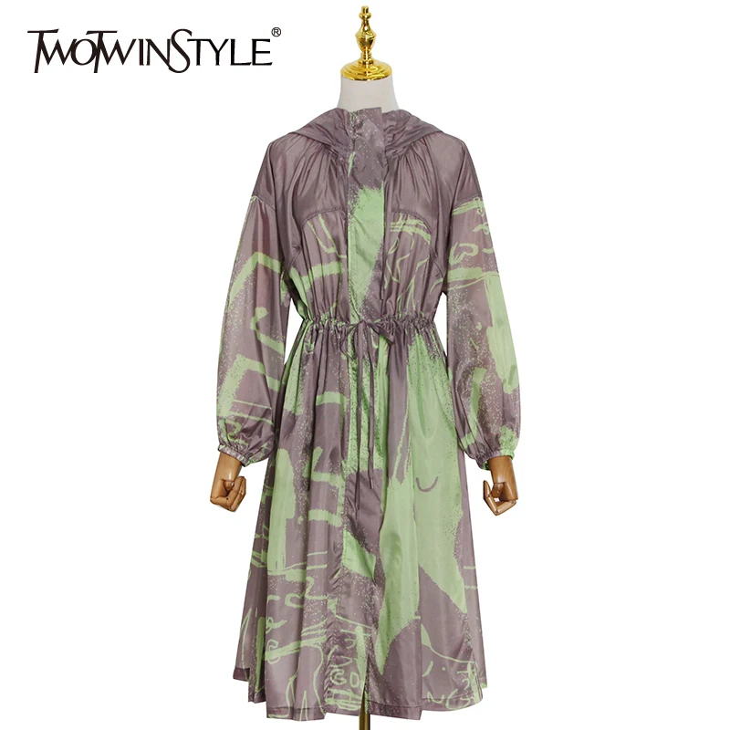 

Twotwin2 стиль Colorblock верхняя одежда пальто для женщин с капюшоном с длинным рукавом куртки на кулиске Женская 2021 осенняя одежда стиль