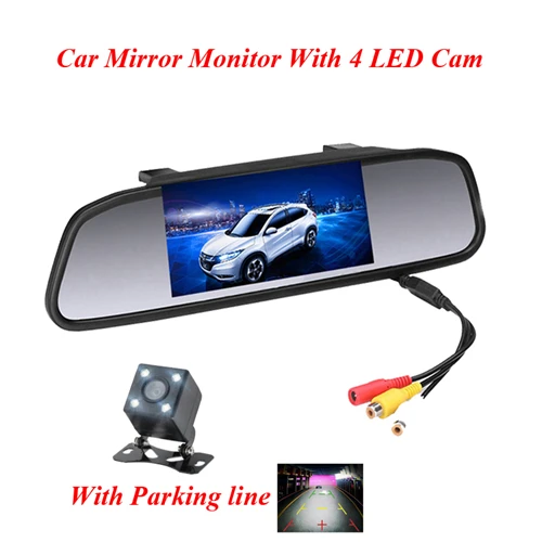 With 4 LED Camera Podofo Автомобильный HD видео автостоянка монитор СВЕТОДИОДНЫЙ ночное видение Реверсивный CCD Автомобильная камера заднего вида с 4,3 дюймовым автомобильным зеркалом заднего вида - Название цвета: With 4 LED Camera