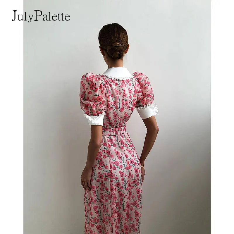 

Julypalette Summer Bohemian Womans Floral Dress Sexy Deep V-neck Puff Sleeve Split Longdress Vintagehighwaist Woman Dresses