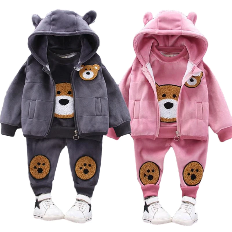 

Winter Warm Baby Girls Clothes Double Layer Velvet Thick Cotton Suits For Girls And Boys Hooded Vest+Jacket + Pants 3Pcs 0-4Y