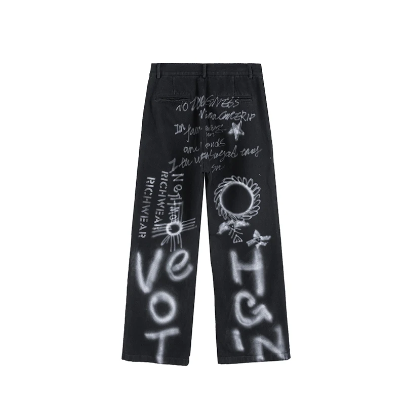 

Letter Graffiti Streetwear Ripped Jeans for Men and Women Straight Windbreaker Washed Loose Denim Trousers Harajuku Jean Pants