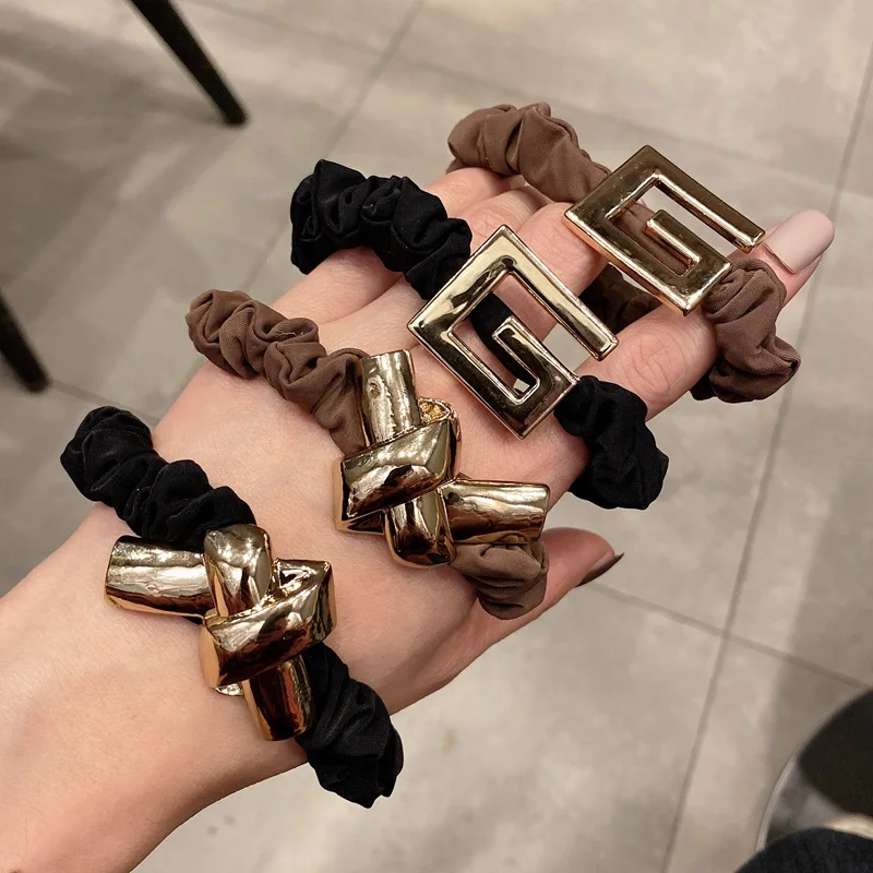 

Alloy Letter Knotted Hair Ties Ropes Elastic Hair Bands Vintage Geometric Metal Silk Hair Accessories Rubber Bands Wholesale