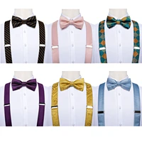 dibangu mens adjustable silk suspenders bow tie cufflinks pocket square set metal clips y back elastic braces wide strap 3 5cm
