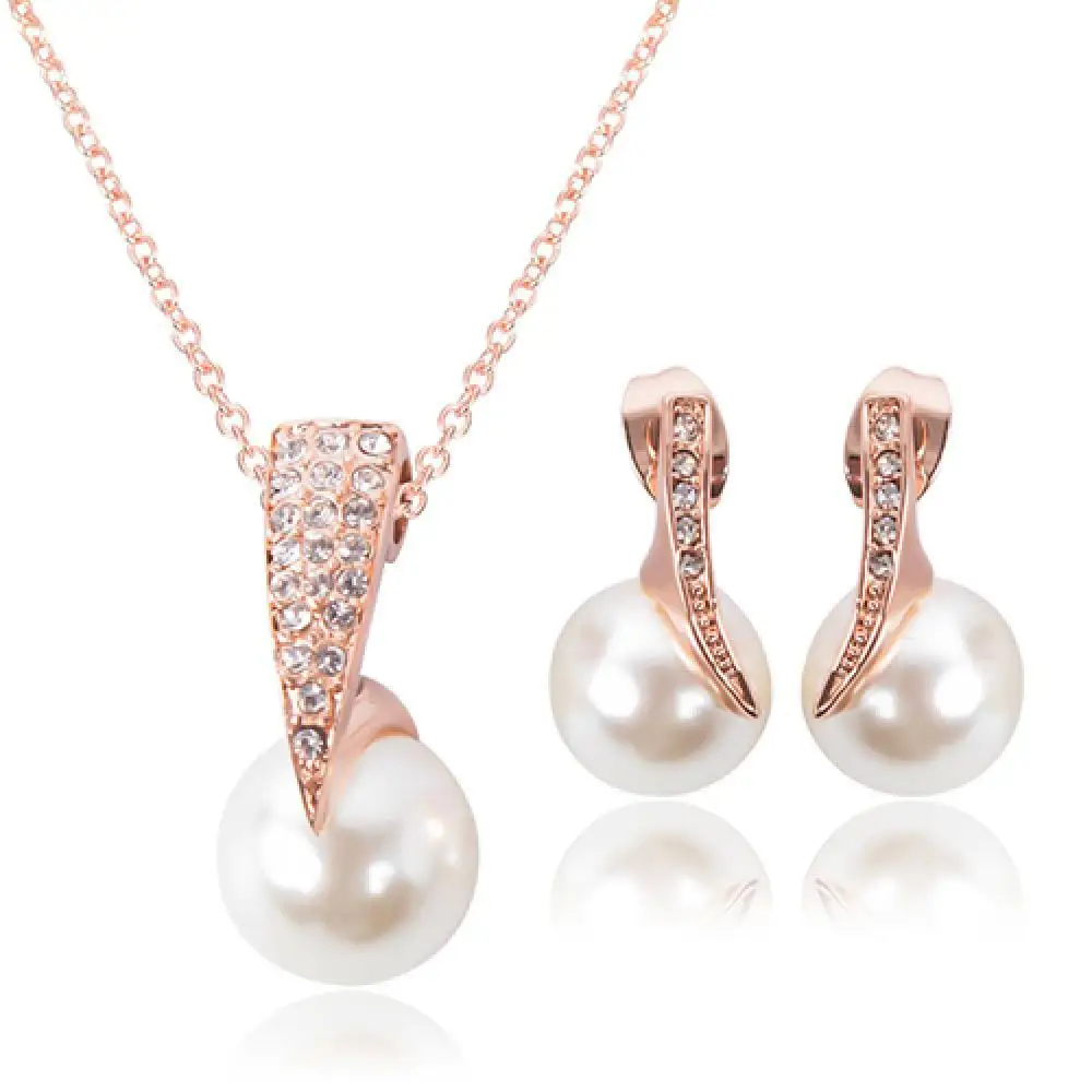 

Wedding Jewelry Set Bride Rose Gold Crystal Faux Pearl Pendant Necklace Earrings