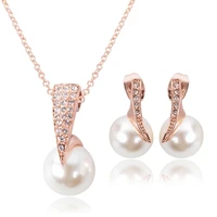 wedding jewelry set bride rose gold crystal faux pearl pendant necklace earrings