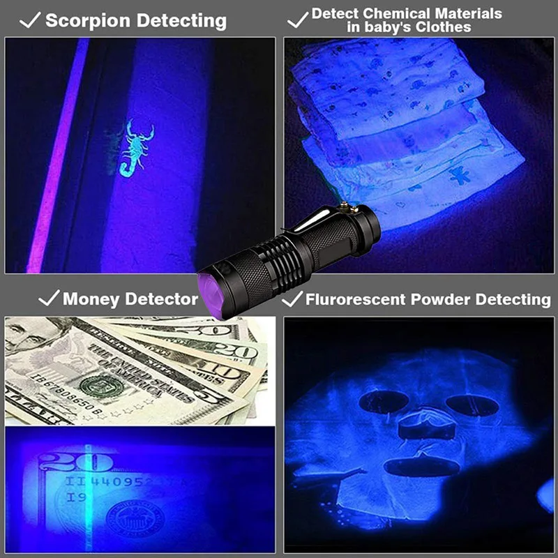 

ZK20 Dropshipping Mini Zoomable 3 Modes Scorpion UV LED Flashlight Ultraviolet Torch Money Detector Pet Urine Stains Detecto