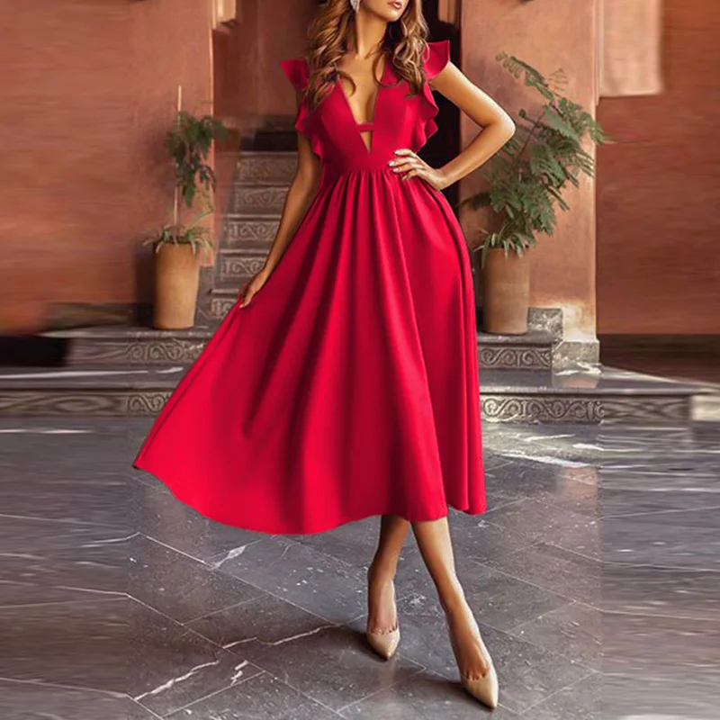 

Элегантное однотонное женское платье средней длины с рукавом-бабочкой, сексуальное женское платье с V-образным вырезом и вырезами для свадь...