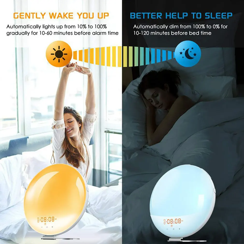 

Wifi Smart Wake Up Light Work Day Alarm Clock With 7 Colors Sunrise / Sunset Smart Life Tuya App Works With Alexa Home