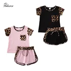 2020, Детская летняя одежда, Яркие топы с коротким рукавом и леопардовым принтом для маленьких девочек, рубашка, короткие брюки, комплект одежды, 2 шт.