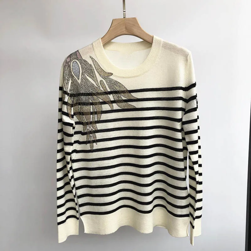 

Sweater 2021 Women Autumn/winter New Pullover Round Neck Long Sleeve Contrast Striped Cashmere Sweater