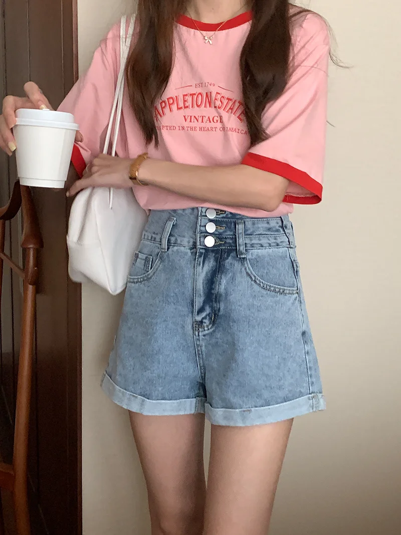 Повседневные джинсовые женские шорты корейской версии с завышенной талией и
