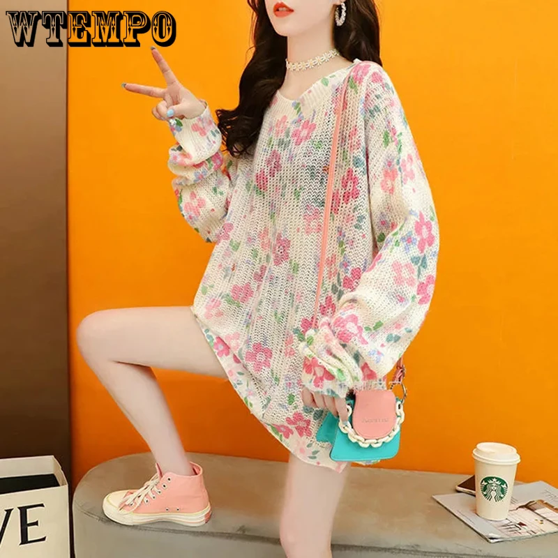 

Свитер, платье, свободный пуловер, свитер для женщин, новинка 2021, милый цветочный вязаный джемпер в стиле Харадзюку Y2K большого размера, женс...
