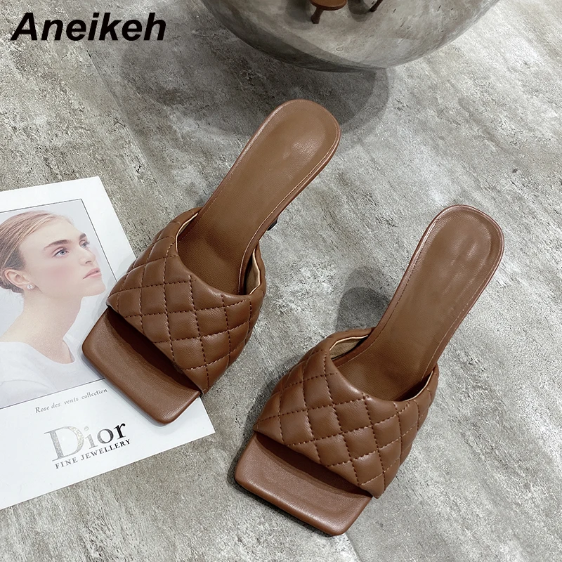 

Aneikeh 2022 NEW Size 35-40 Summer Women Sandals Rhombus Square Head Sole Slides High Heel 9CM Plaid Shoes Party Mules Shallow