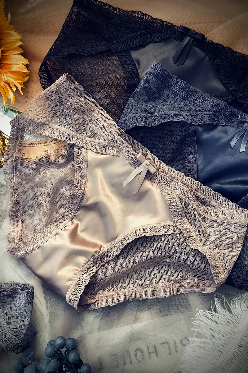 

Lace panties women sexy low waist comfortable satin fabric briefs breathable cotton crotch new products