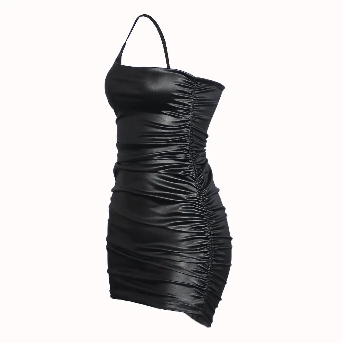 

ZITY Women Sexy Mini Bodycon Dress Autumn Sleeveless One Shoulder Strap Backless Pleated Slim Package Hips Dress Ladies Club