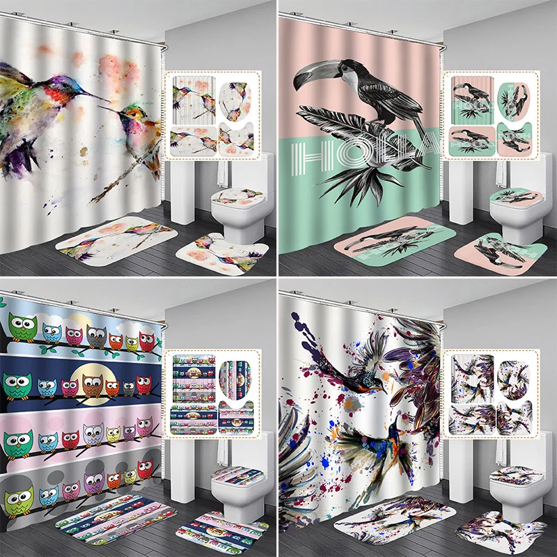 

Тканевая занавеска для душа с принтом птиц, комплект занавесок для ванной комнаты, нескользящий ковер, чехол для унитаза, набор ковриков для...