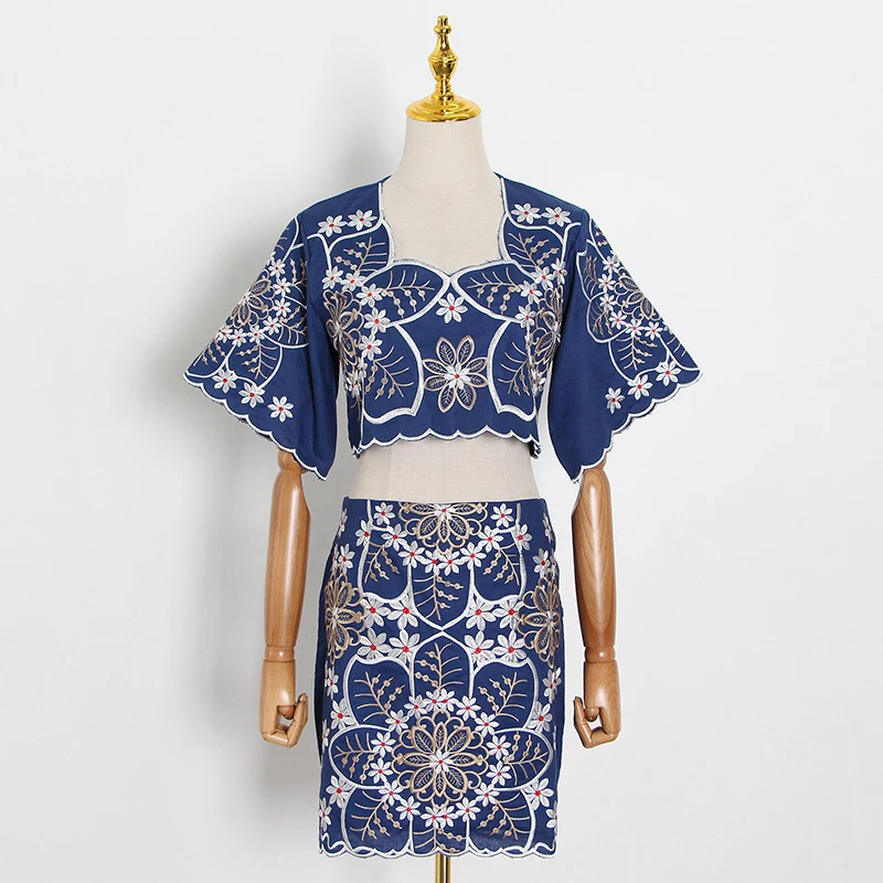 

GALCAUR Print Hit Color Two Piece Sets For Female Square Collar Short Sleeve Cropped Top With High Wiast Skirts Women's Set New