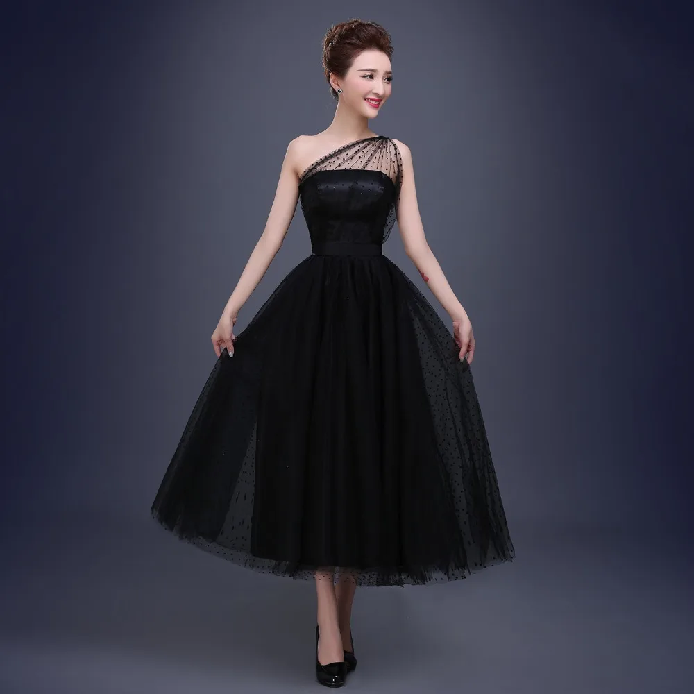New Black Prom Dresses 2020 One Shoulder Pleats Polka Dot Tulle Tea Length Party Evening Gowns Vestido De Festa | Свадьбы и