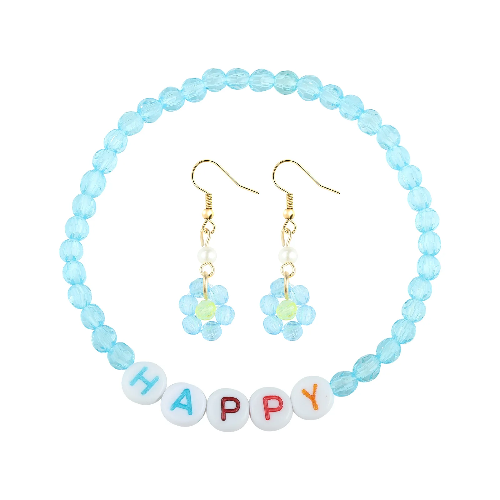 

Korean Fashion Colorful Transparent Flower Letter Round Beads Acrylic Resin Earrings Bracelets Set For Women Girls Ear Jewelry