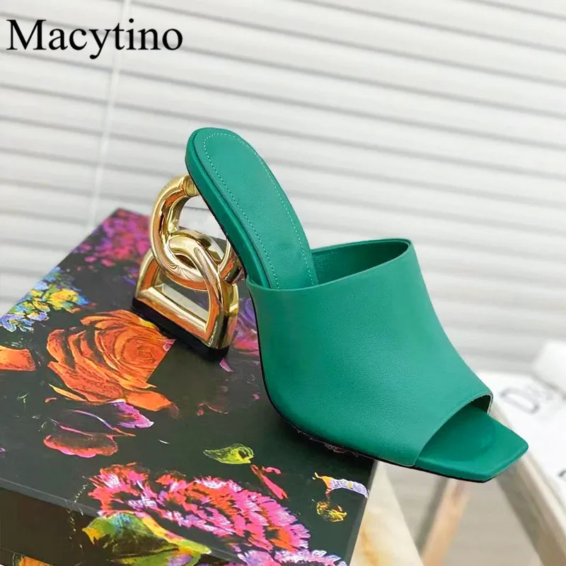 2023 New Strange Metal High Heel Ladies Slippers Summer Square Toe Shallow Mouth Sandals Fashion Party Black Slippers