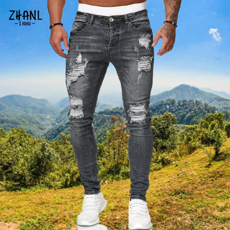 Модные мужские рваные черные джинсы скинни зауженные высокого качества