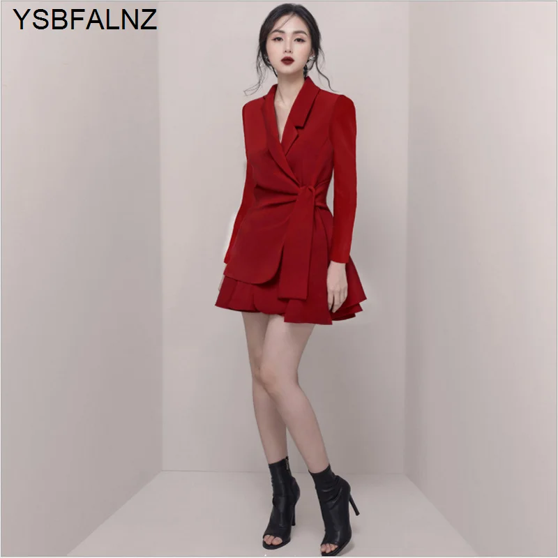 저렴한 2021 Womens Blazer Two Piece Set 풀 슬리브 V 칼라 레이싱 하이 엔드 기질 Office 레이디 디자인 의류 라운지 착용 + 스커트