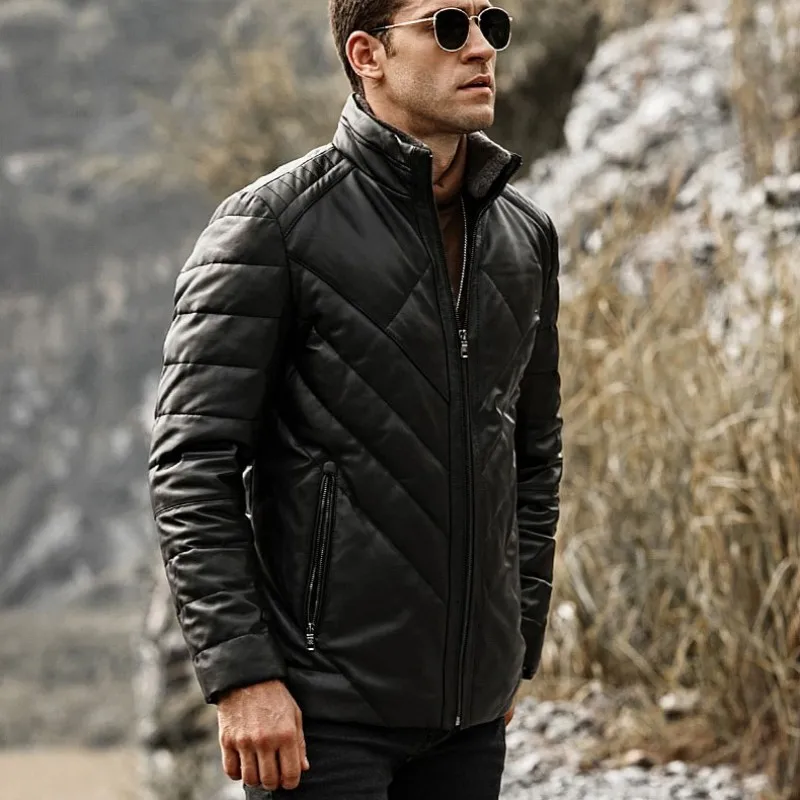 

High Quality Genuine Leather Down Coat Men Casual Zipper Sheepskin Jacket Autumn Winter Lambswool Collar Warm Outwear Plus Size