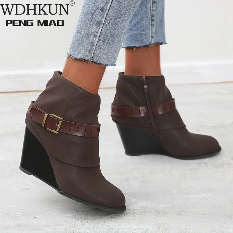 

Женские ботильоны на высоком каблуке, туфли-лодочки, женская обувь на танкетке из искусственной кожи, женская обувь с пряжкой для осени