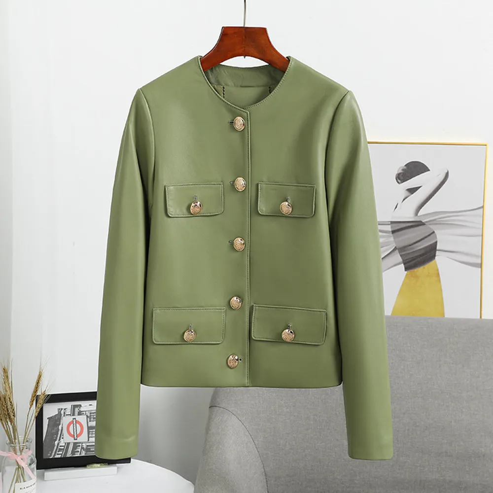 Spring Autumn Korean Style Women's High Quality Green Genuine Leather O-neck Jackets C252