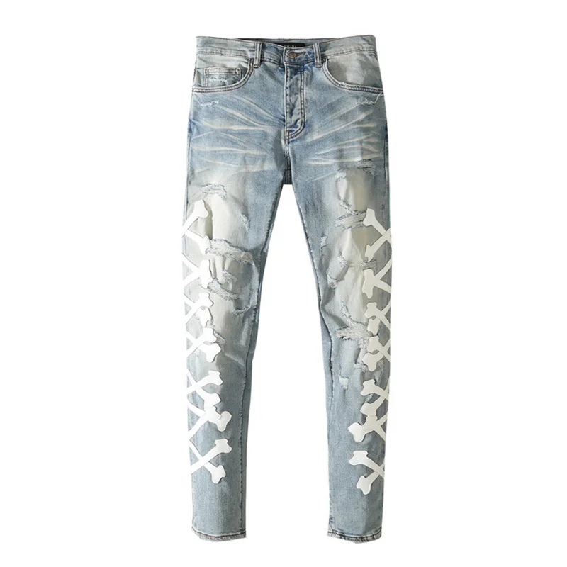 

High Street Embroidery Bone Patches Jeans Men Blue Pleated Stretch Denim Trousers Washed Slim Pants