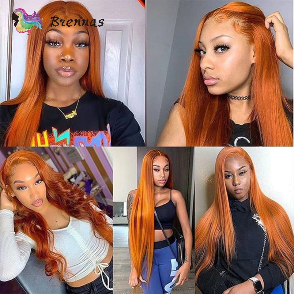 

Orange Ginger Color T Part Lace Wigs Pre Plucked Brazilian Silk Straight Human Hair High Density Remy Glueless Wig for Women