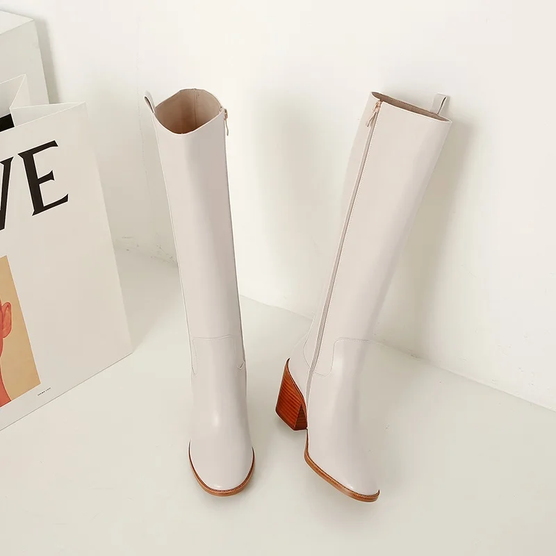 beige ZVQ/Новые модные зимние сапоги до колена женские туфли на высоком квадратном каблуке из натуральной кожи женские туфли на молнии, Прямая поставка, размер 34-43 - Цвет: beige