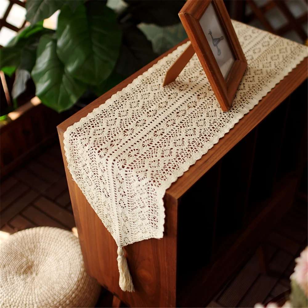 

Beige Table Runner Embroidered Crochet Lace with Tassel Cotton Wedding Decor Hollow Tablecloth Cabinet Cover Dresser Pendant