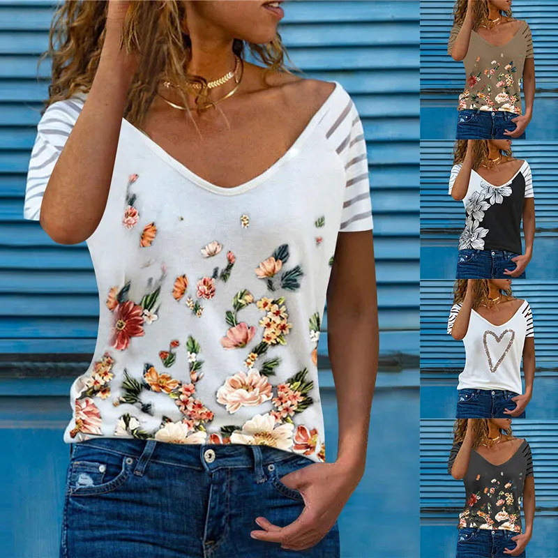 

Summer Casual Short Sleeve V-neck Loose T-Shirt Solid Color Print Top Stripe Retro Pullover Women's Clothing Mujer Femmes Wear