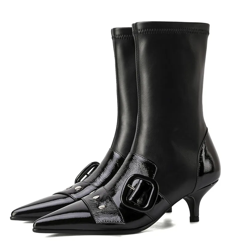 

Sexy Stretch Short Boots Belt Buckle Zip Women Ankle Boots Stiletto Heel Pointed Toe Soft Booties Feminina Botines Mujer