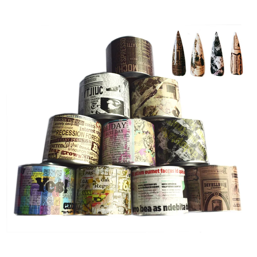 10Rolls Vintage Newspaper Nail Foil 50M*4CM Transfer Sticker Letters Ticket Map Decal Starry Paper Lacquer Adhesive Wrap Set