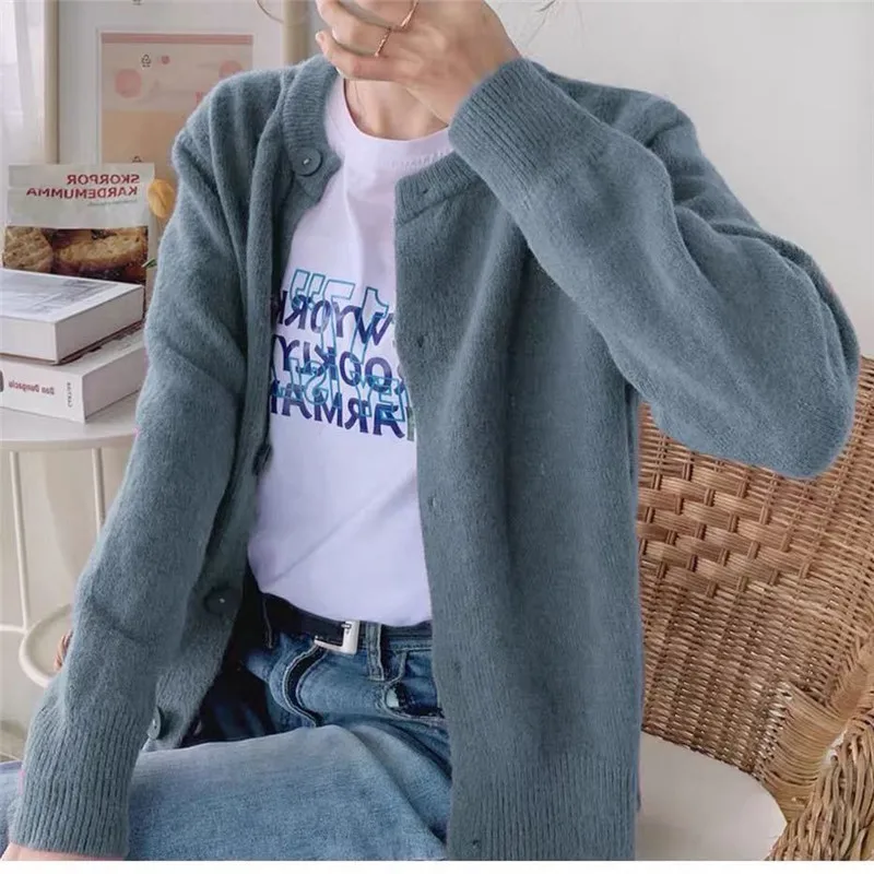 

Women's Knitwear Cardigans Korean Casual O-neck Long Sleeve Knitted Sweater Vintage Jumper Ladies Streetwear