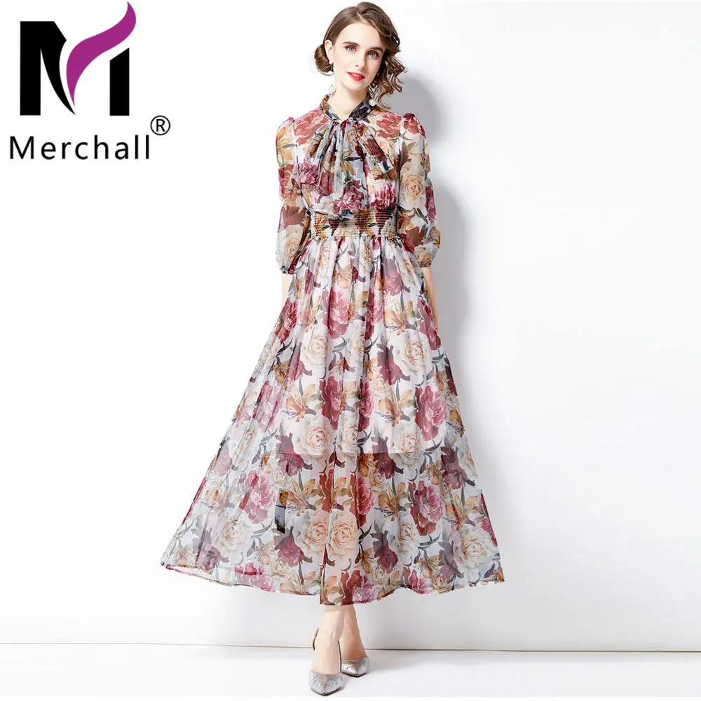 

Summer Boho Chiffon Maxi Dress Woman's Bow Collar Floral Print Elastic High Waist 2021 Runway Vacation Long Party Dress M76657