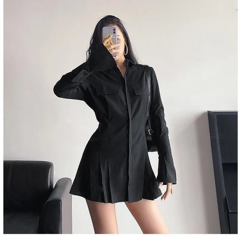 

2021 Spring Long Sleeve White Pleated Shirts Women Casual Turn Down Collar Chiffon Blouse Office Lady A Line Style Vestidos Tops