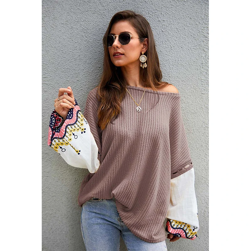 

Fashion Printed Patchwork Women T-Shirt Casual Loose O-Neck Lantern Sleeve Spring Autumn Lady Tshirt W285