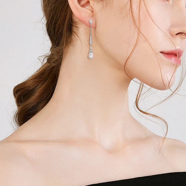 Длинные женские серьги с жемчугом из меди и фианита|long dangle earrings|dangle earringsfashion earrings |