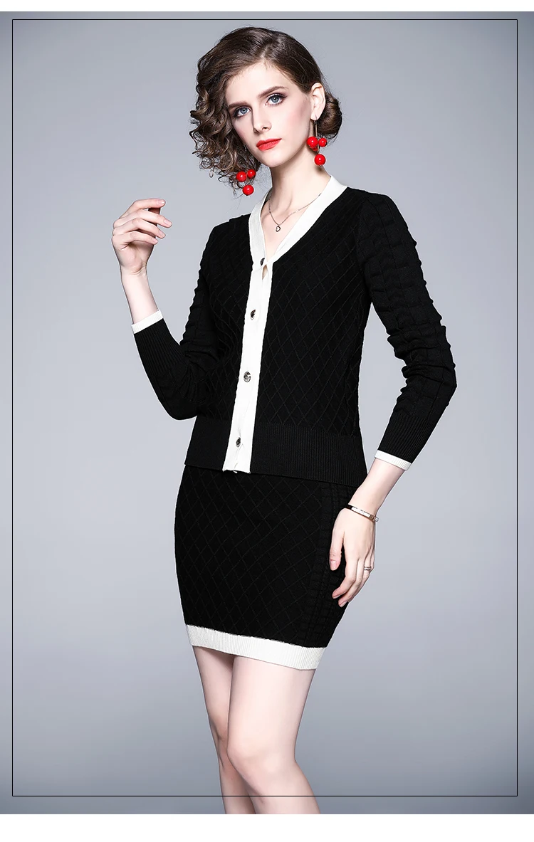 Knitted Patchwork Color Single Breasted Cardigans Women Fashion Sweaters Tops+Elastic High Waist Autumn Winter Knit Skirts Sets |
