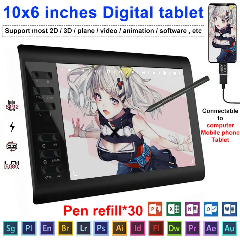 10*6'' Graphics Tablet 8192 Levels Graphic Drawing Tablet Digital Tablet 233 Point Quick Reading Signature Pad Drawing Pen