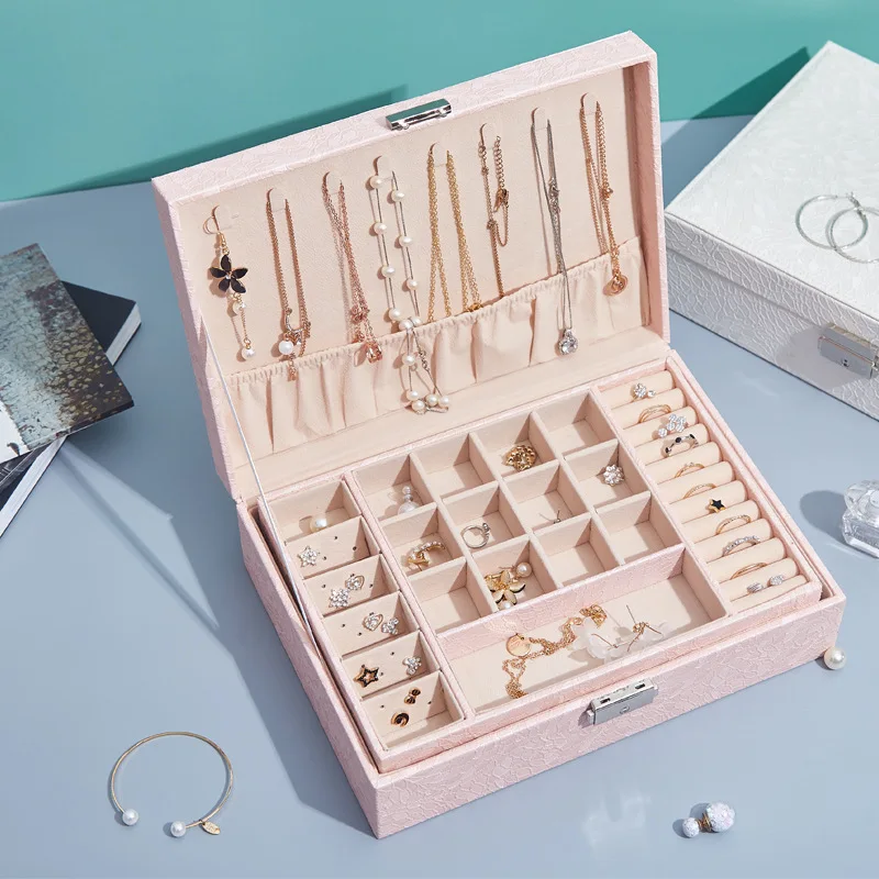 

best-selling classical European-style leather jewelry Neclace storage box in 2020, large space, high-end jewelry box with lock