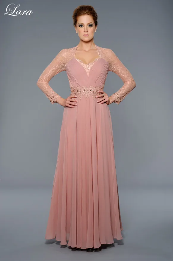 

Elegant Long Sleeve Formal See Through Back Chiffon Evening Gown A-Line Sweetheart Lace v-neck 2018 Mother of the Bride Dresses