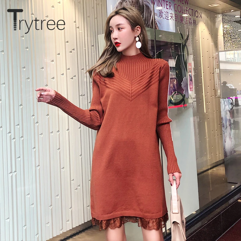 Осенне зимнее повседневное женское платье Trytree 2020 вязаное однотонное модное