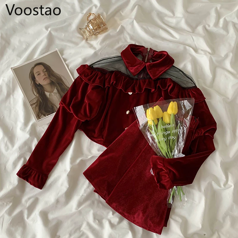 Женский бархатный костюм из двух предметов элегантный корейский предметов: топ с